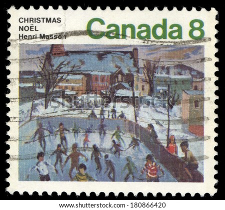 CANADA - CIRCA 1974: A stamp printed in the Canada shows Skaters at Hull, Painting by Henri Masson, Christmas, circa 1974