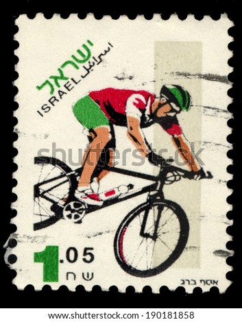 ISRAEL - CIRCA 1996: : A stamp printed in Israel shows an athlete on mountain cycling, Sport Series, circa 1996