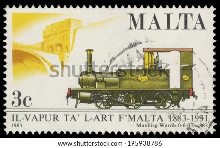 MALTA - CIRCA 1983: A stamp printed in Malta, shows image of old railroad steam engine locomotive, circa 1983