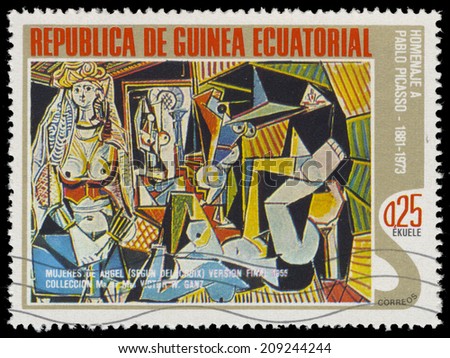 EQUATORIAL GUINEA - CIRCA 1975: A stamp printed in Equatorial Guinea, shows abstract painting by Pablo Picassos, circa 1975