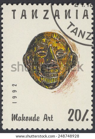 TANZANIA - CIRCA 1992: A stamp printed in Tanzania from the Makonde Art issue shows Carved Head, circa 1992.
