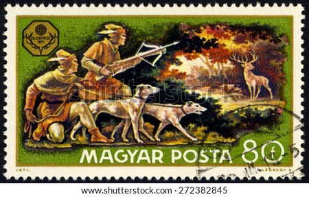 HUNGARY - CIRCA 1971: A stamp printed in Hungary, shows Deer hunt, circa 1971