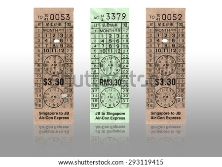 SEMBAWANG, SINGAPORE - JULY 2, 2015: Close up of Singapore to JB Air-Con Express and JB to Singapore Air-Con Express bus tickets.