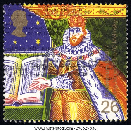 UNITED KINGDOM - CIRCA 1999: A stamp printed in United Kingdom shows the King James I of England with the Bible, circa 1999