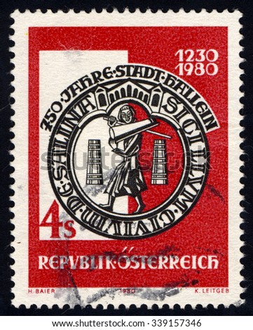 AUSTRIA - CIRCA 1980: A stamp printed in Austria shows City seal of Hallein (1230 - 1980), circa 1980