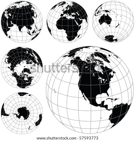 stock vector : Black and white vector earth globes isolated on white. traced 