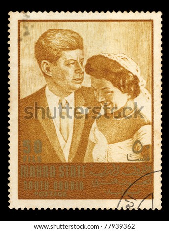 SOUDI ARABIA - CIRCA 1967: A stamp printed in Mahra State of Saudi Arabia shows wedding couple, circa 1967