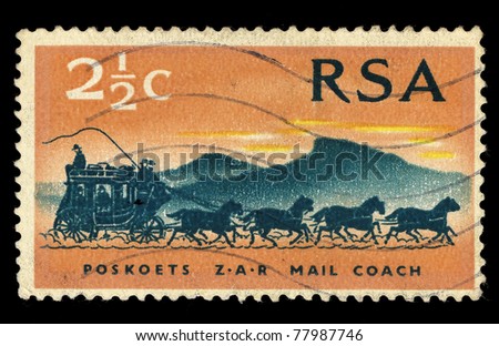 REPUBLIC OF SOUTH AFRICA - CIRCA 1969: A stamp printed in Republic of South Africa shows Poskoets, Z.A.R. 100th Anniversary, Mail, Coach (Horses), circa 1969