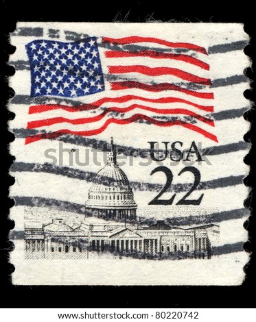 USA - CIRCA 1985: A stamp printed in the USA shows Flag over Capitol, circa 1985