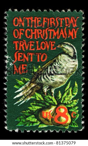 USA - CIRCA 1969 : A stamp printed in the USA shows On the First Day of Christmas my True Love Sent to me, circa 1969