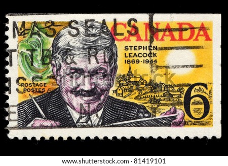 CANADA - CIRCA 1969: A stamp printed in Canada shows Stephen Leacock, Comedy Mask and Mariposa View, circa 1969