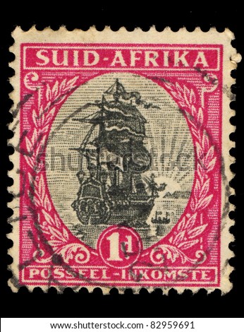 SOUTH AFRICA - CIRCA 1926: A stamp printed in South Africa shows ship of Jan van Riebeeck in Cape Town, circa 1926