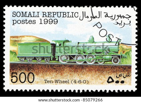 SOMALIA - CIRCA 1999: A stamp printed in Somali shows image of a train, circa 1999