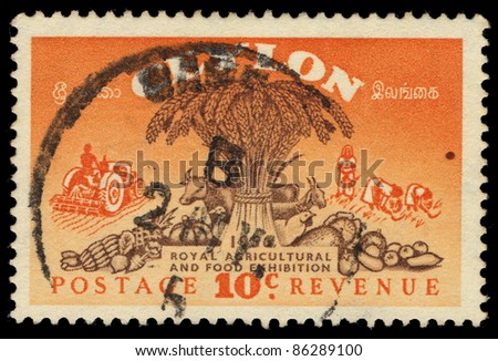 CEYLON - CIRCA 1956: A stamp printed in the Ceylon shows Royal Agricultural and Food Exhibition, circa 1956