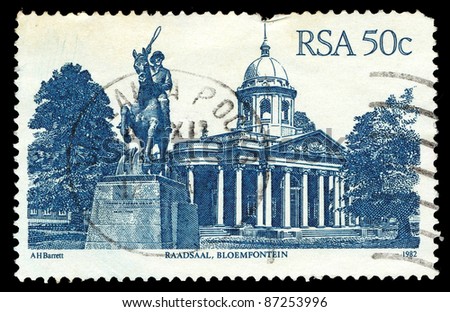 REPUBLIC OF SOUTH AFRICA - CIRCA 1982: A stamp printed in Republic of South Africa shows image of Raadsaal building in Bloemfontein, series, circa 1982