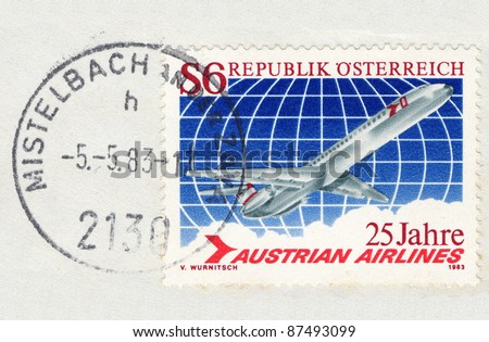 AUSTRIA - CIRCA 1983: A stamp printed in Austria shows 25 Jahre Austrian Airlines,  circa 1983