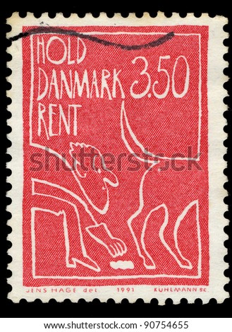 DENMARK - CIRCA 1991: A stamp printed in Denmark shows image of old man cleaning after dog, series, circa 1991