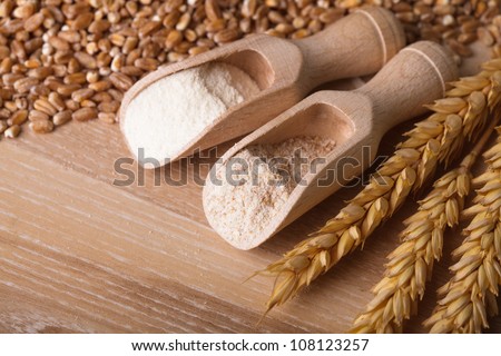 Meal and flour in the wooden spoon closeup