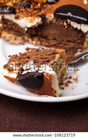 Chocolate cake, close up with the dessert fork