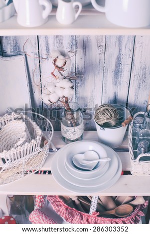 Lovely homeware and dishware in the kitchen at shabby chic style