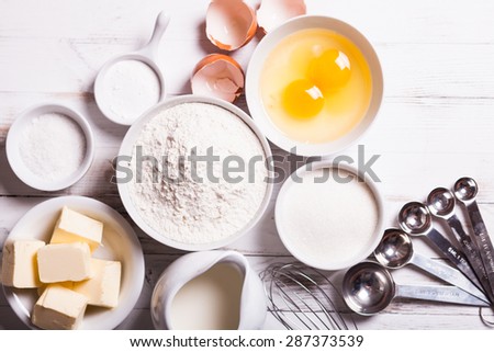 Baking ingredients for pastry on the white table