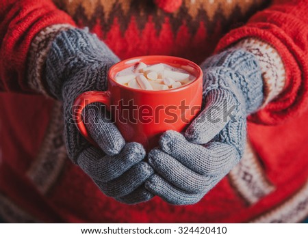 Warm winter photo which hands in knitted gloves holding a mug cocoa with marshmallow