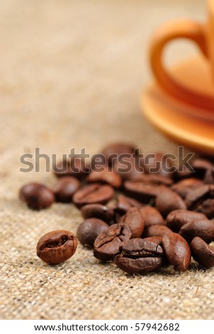 Coffee beans on the bagging. Selective focus, close up