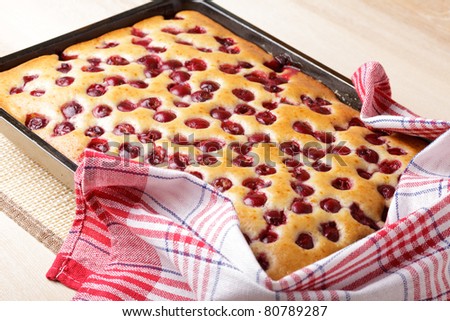 Cherry sponge cake after baking in tin with towel