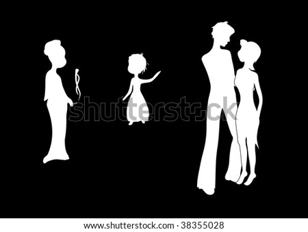 silhouettes of four people on black: lady, baby pointing to a couple of young people who are going to kiss
