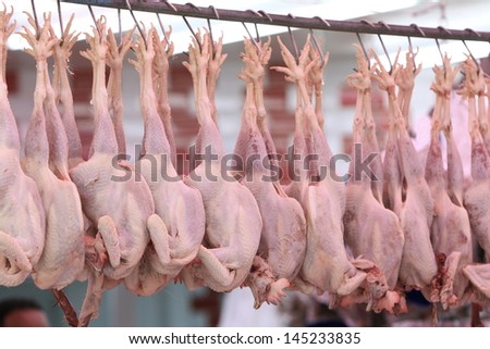 Row of chickens in butcher shop