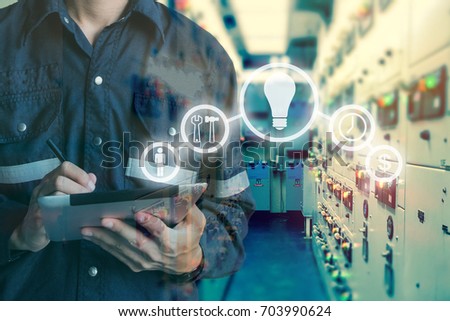 Double exposure of Engineer or Technician man using  tablet in switch gear electrical room oil and gas platform or plant industrial with tools icon, business and electrical industry concept.