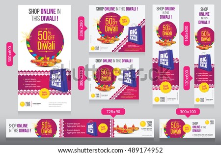 Diwali Festival Website Banner Design Template with 50% Discount and Different Sizes