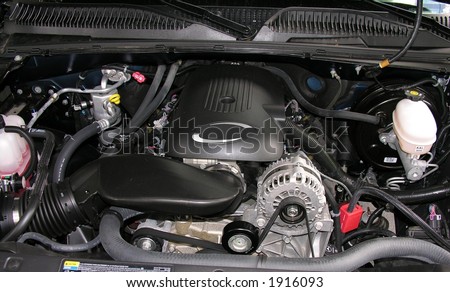 Engine compartment on a SUV.