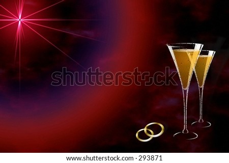 stock photo Champagne glasses and wedding bands over space back 
