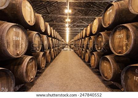 PORTO, PORTUGAL - JULY 01: Barrels with Porto Wine in the wine cellar on July 01, 2014 in Porto, Portugal