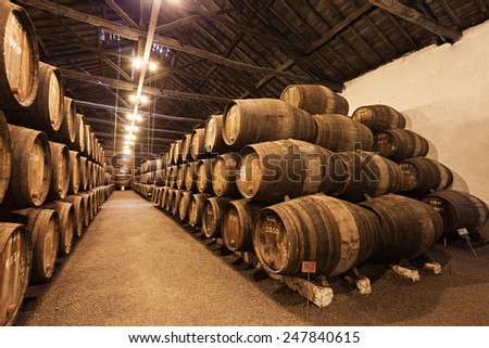 PORTO, PORTUGAL - JULY 01: Barrels with Porto Wine in the wine cellar on July 01, 2014 in Porto, Portugal