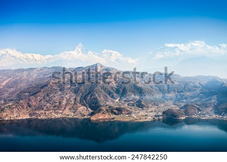 Aerial view to Phewa lake and Annapurna range from World Peace Pagoda in Pokhara, Nepal