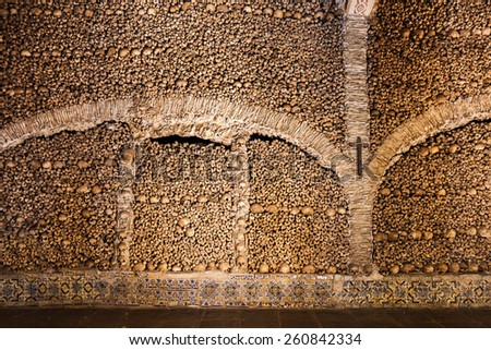 The Chapel of Bones (Capela dos Ossos) is one of the best known monuments in Evora, Portugal