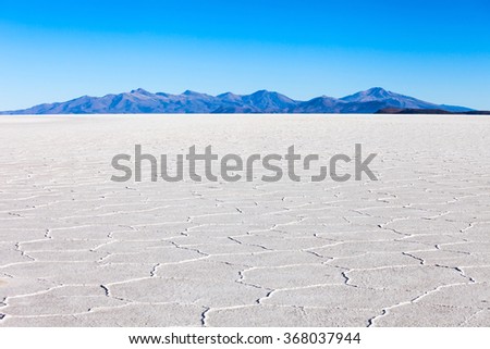 Salt lake Salar de Uyuni is located near Uyuni, Bolivia. It is the worlds largest salt flat.