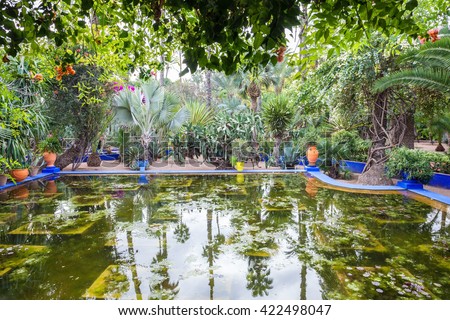 The Majorelle Garden is a botanical garden and artist\'s landscape garden in Marrakech, Morocco.
