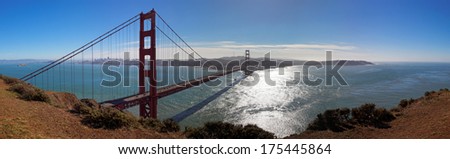 Panoramic View of Golden Gate bridge against midday sun, California, USA