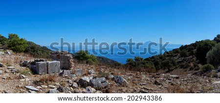 Aegean islands Turkish Mediterranean Sea with historical ruin, between Marmaris and Fethiye, Turkey, Europe