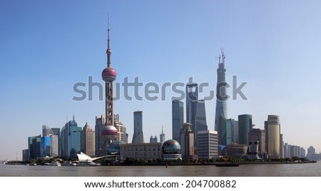 Panorama of Shanghai skyline looking across the bund, Shanghai, China