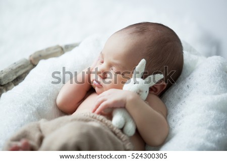 sweet newborn baby sleeps with a toy hare on a white background