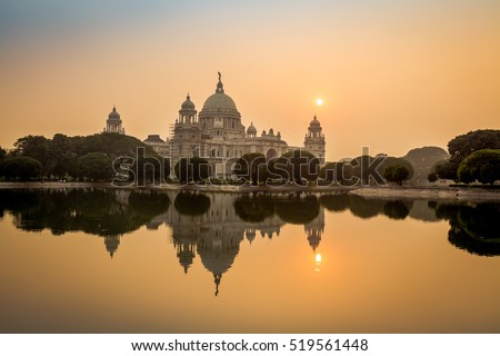 Beautiful Victoria Memorial architectural monument and museum at sunset. Kolkata, India.