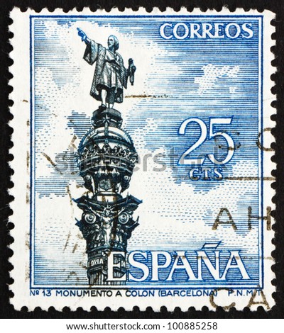SPAIN - CIRCA 1965: a stamp printed in the Spain shows Columbus Monument, Barcelona, Christopher Columbus, Cristobal Colon, Explorer, Colonizer, Navigator, circa 1965