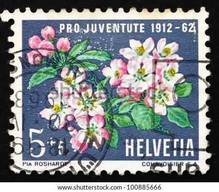 SWITZERLAND - CIRCA 1962: a stamp printed in the Switzerland shows Apple Blossoms, Apple Tree, Malus Domestica, circa 1962