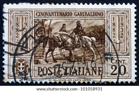 ITALY - CIRCA 1932: A stamp printed in the Italy shows Garibaldi meeting King Victor Emmanuel II, 50th Anniversary of the Death of Giuseppe Garibaldi, Patriot, circa 1932