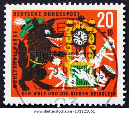 GERMANY - CIRCA 1963: a stamp printed in the Germany shows The Wolf and the seven Kids, Scene from The Wolf and the seven kids, circa 1963