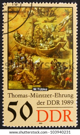 GDR - CIRCA 1989: a stamp printed in GDR shows Ark, Detail of the Painting Early Bourgeois Revolution in Germany in 1525 by Werner Tubke, circa 1989
